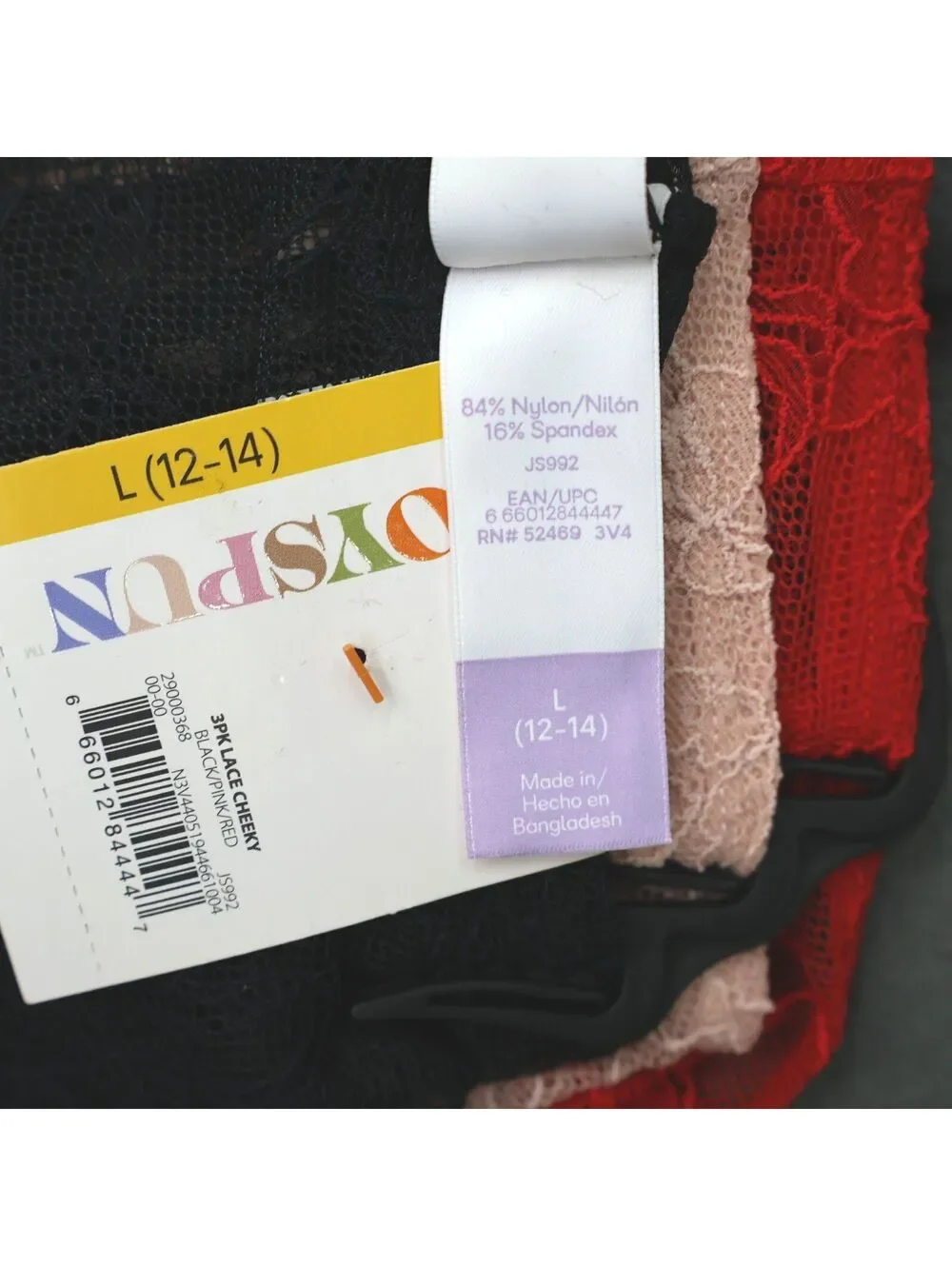 Joyspun 3-Pack Womens Lace Cheeky Panties Black Pink Red Size Large 12-14